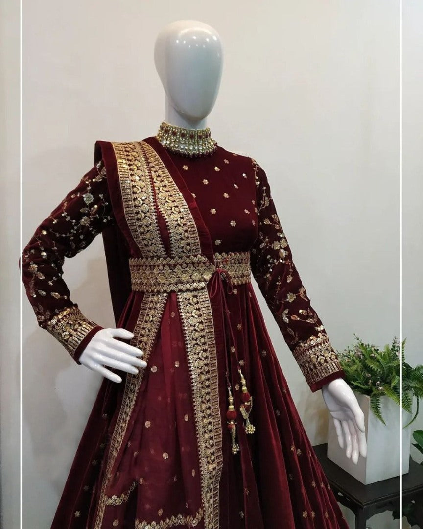 Maroon Velvet heavy embroidered designer wedding gown