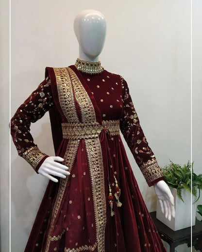Maroon Velvet heavy embroidered designer wedding gown