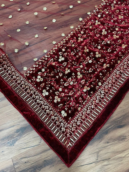 Maroon Velvet heavy embroidered designer wedding gown