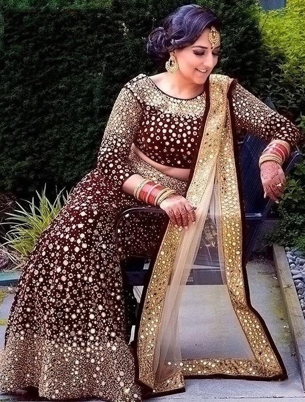 Maroon velvet heavy embroidered mirror work wedding lehenga choli