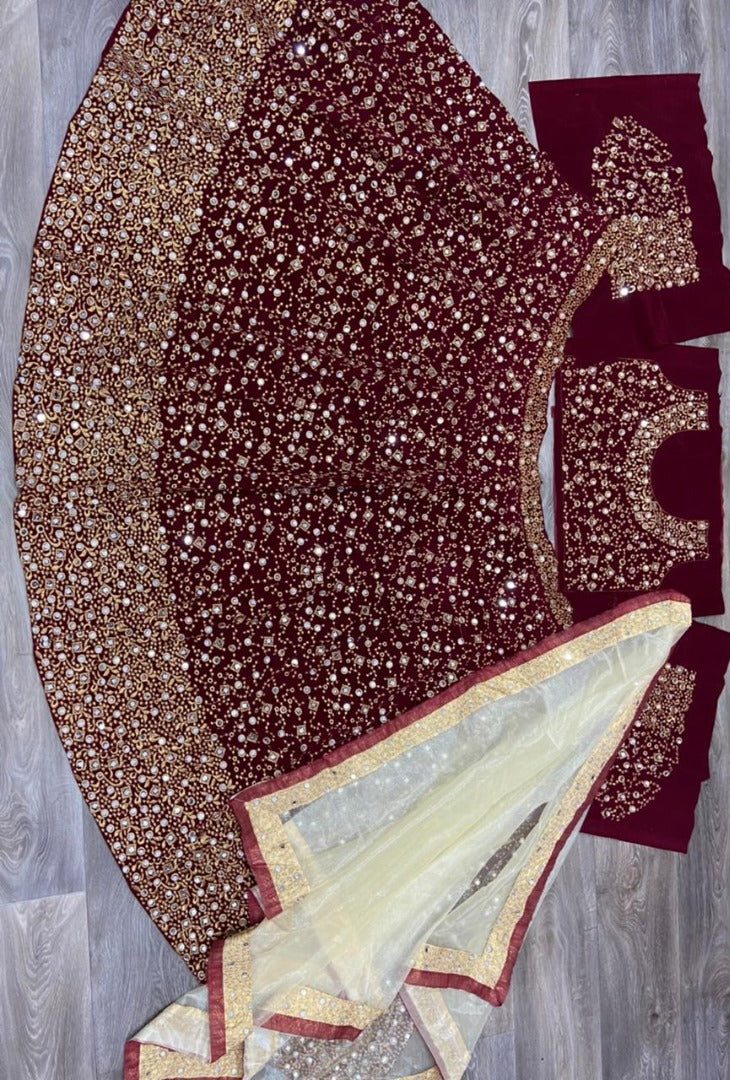 Maroon velvet heavy embroidered mirror work wedding lehenga choli