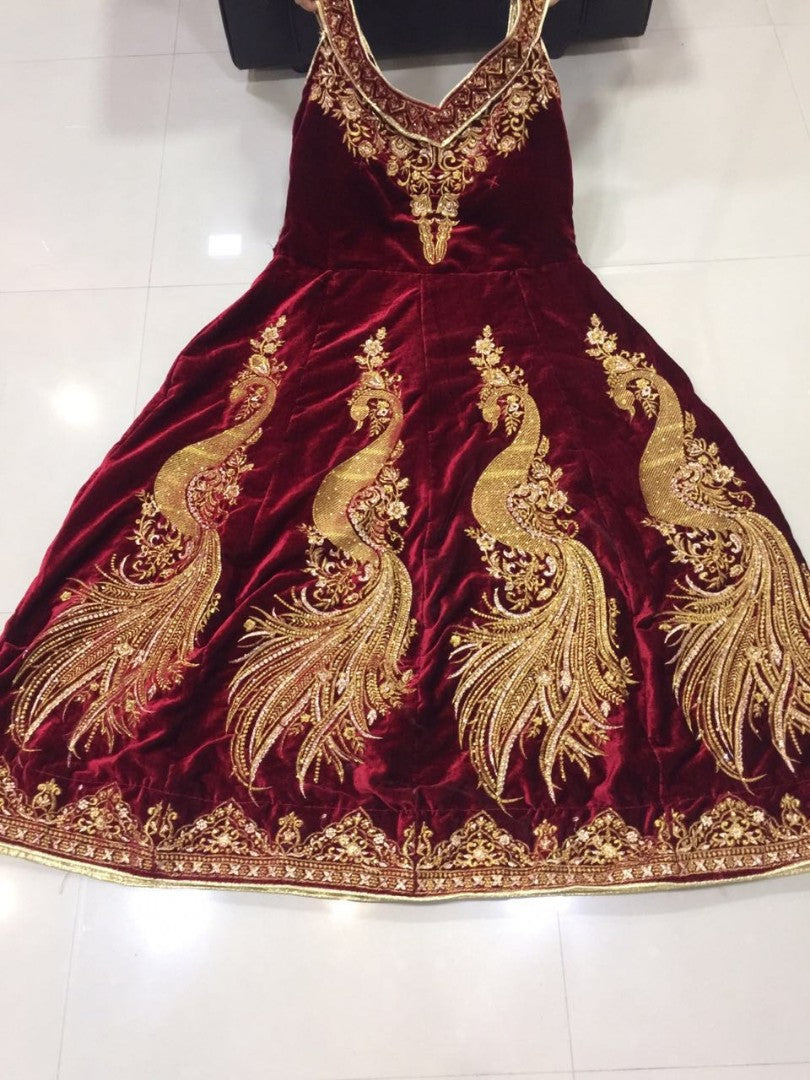 Maroon velvet heavy embroidered wedding gown