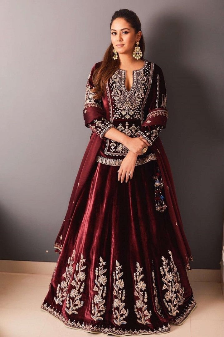 Maroon velvet heavy embroidered wedding lehenga