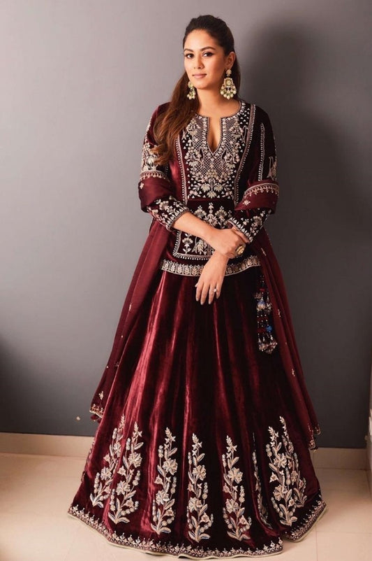 Maroon velvet heavy embroidered wedding lehenga