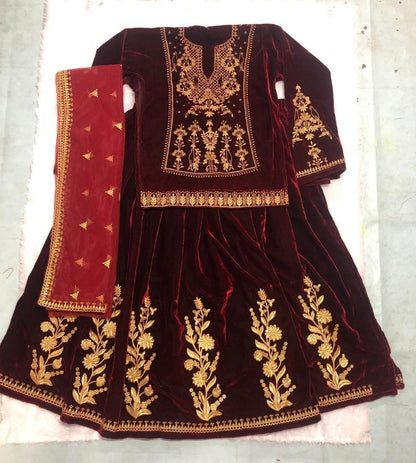 Maroon velvet heavy embroidered wedding lehenga