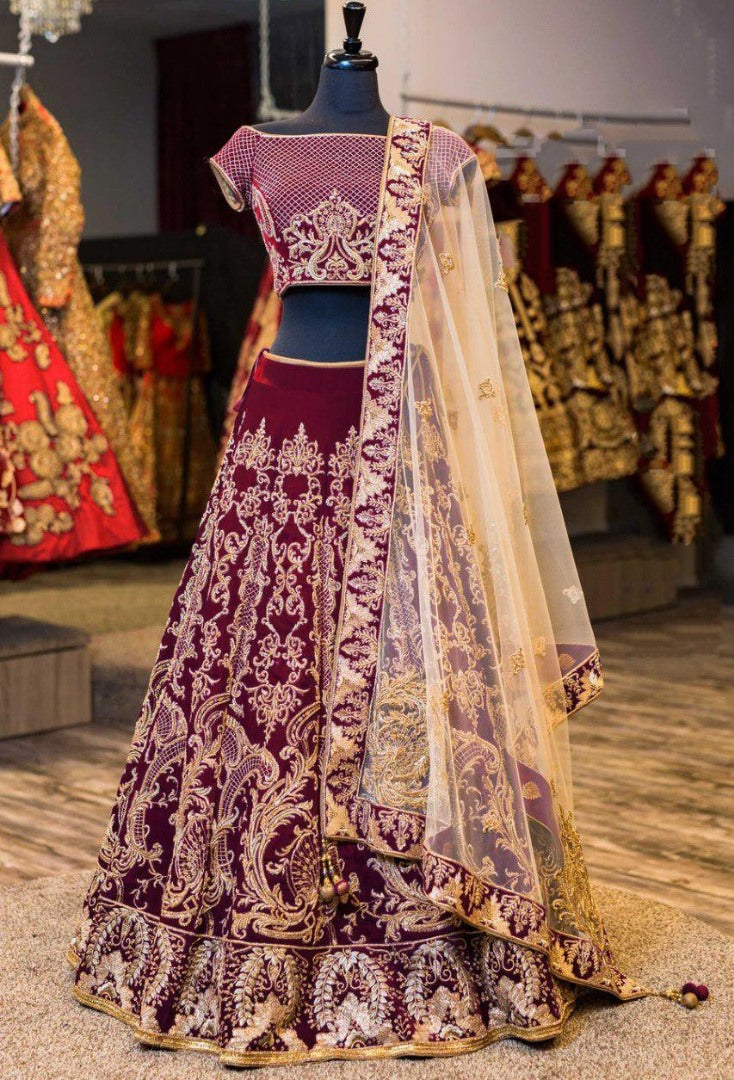 Maroon velvet heavy embroidered wedding lehenga choli