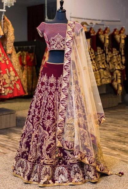 Maroon velvet heavy embroidered wedding lehenga choli
