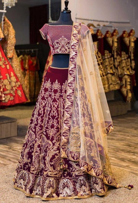 Maroon velvet heavy embroidered wedding lehenga choli