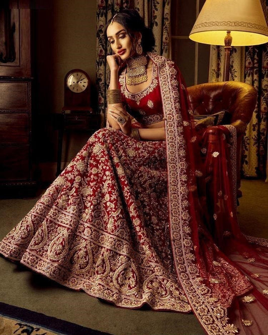 Maroon velvet heavy embroidery bridal lehenga choli