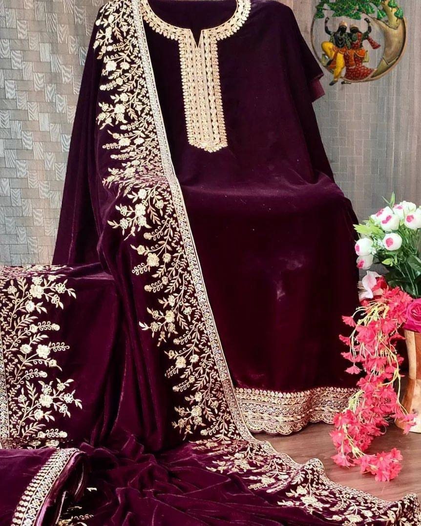 Maroon velvet heavy embroidery worked plazzo suit