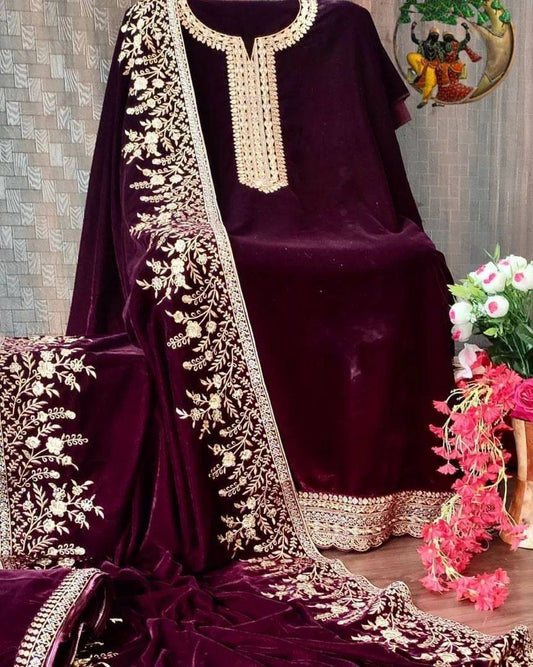 Maroon velvet heavy embroidery worked plazzo suit