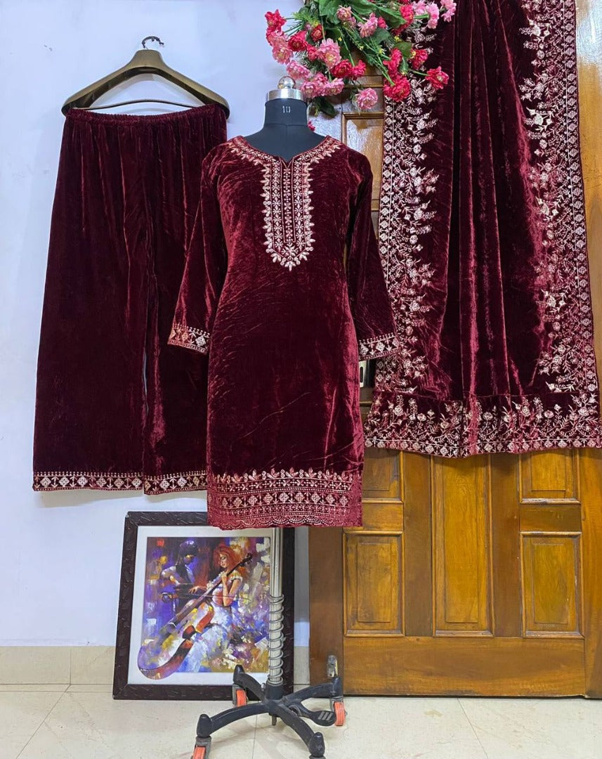 Maroon velvet heavy embroidery worked plazzo suit