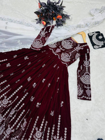 Maroon velvet heavy embroidery worked wedding gown