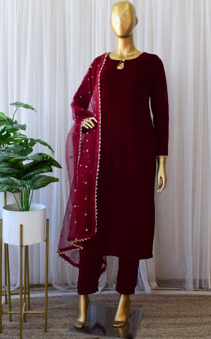 Maroon velvet party wear pant salwar suit