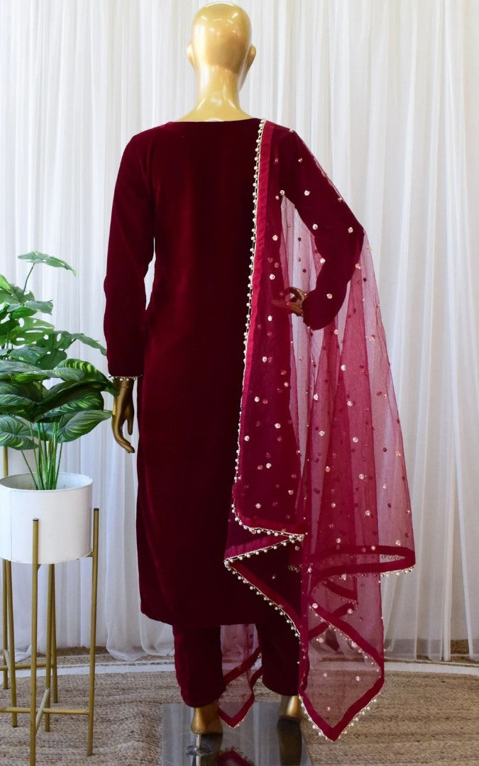 Maroon velvet party wear pant salwar suit