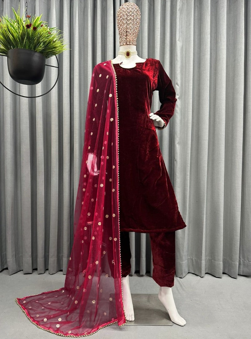 Maroon velvet party wear pant salwar suit