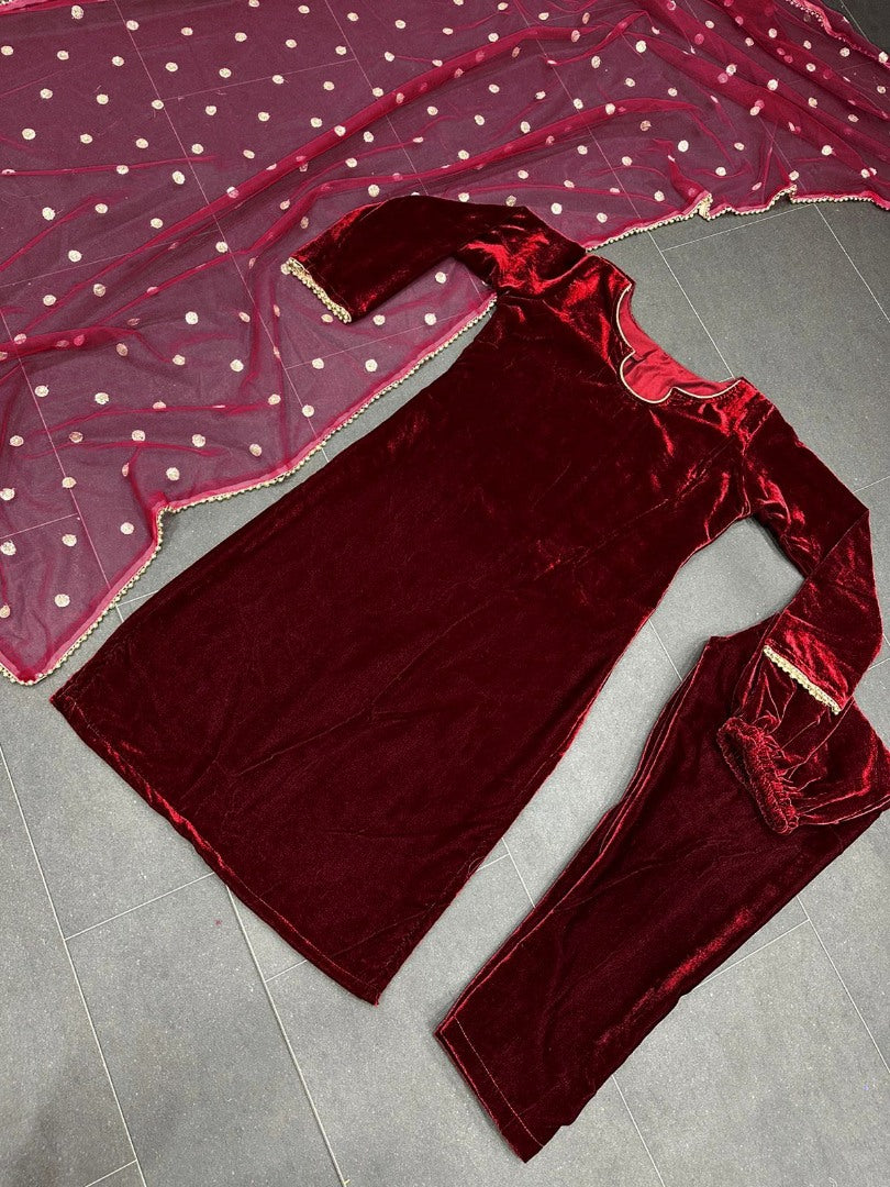 Maroon velvet party wear pant salwar suit