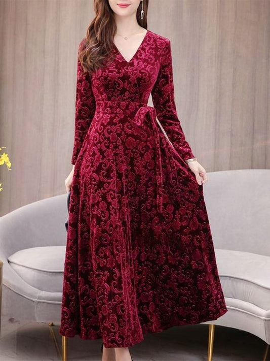 Maroon velvet printed gown