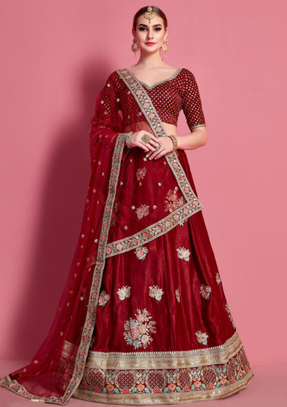 Maroon velvet silk embroidered party wear lehenga choli