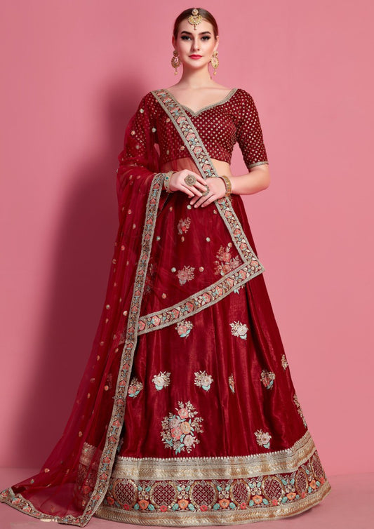 Maroon velvet silk embroidered party wear lehenga choli
