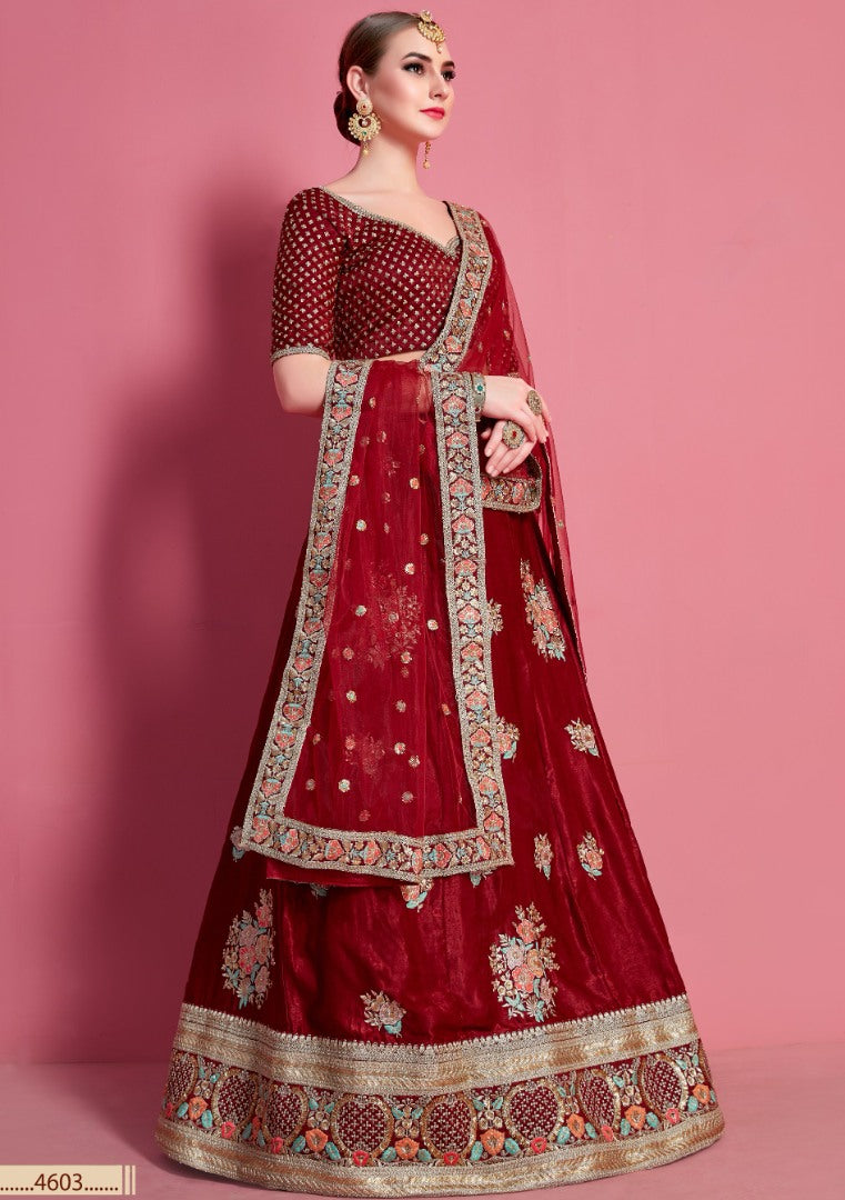 Maroon velvet silk embroidered party wear lehenga choli