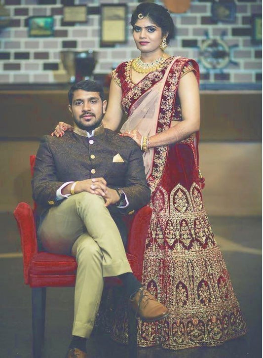 maroon velvet silk heavy embroidered bridal lehenga
