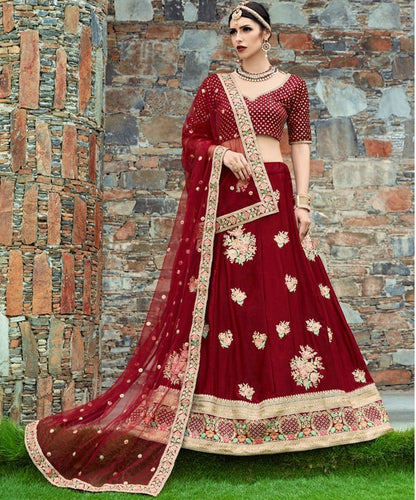 maroon velvet silk heavy embroidered bridal lehenga