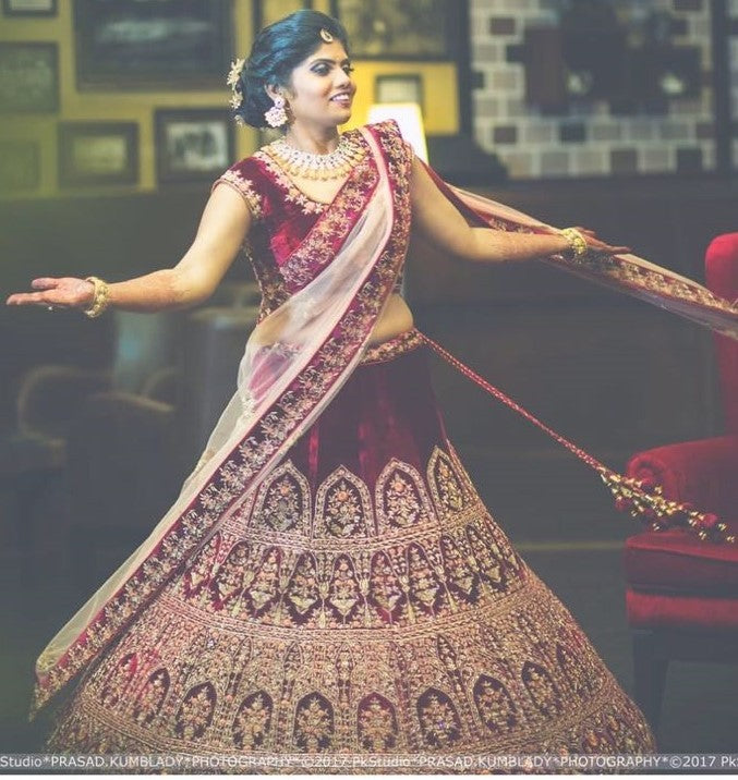 maroon velvet silk heavy embroidered bridal lehenga