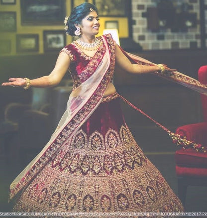 maroon velvet silk heavy embroidered bridal lehenga
