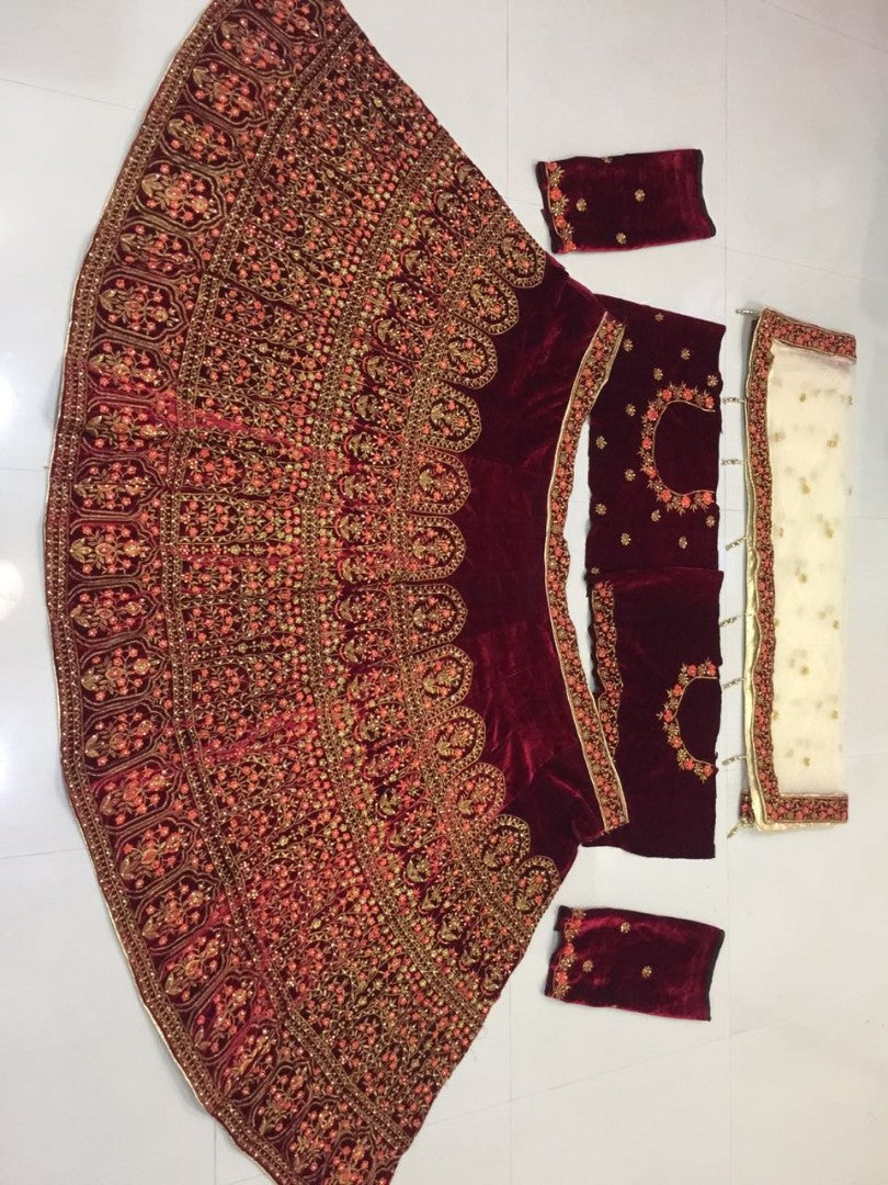 maroon velvet silk heavy embroidered bridal lehenga