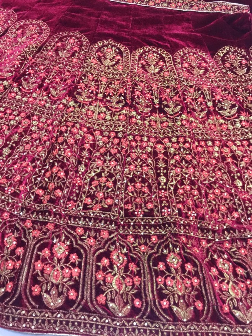 maroon velvet silk heavy embroidered bridal lehenga