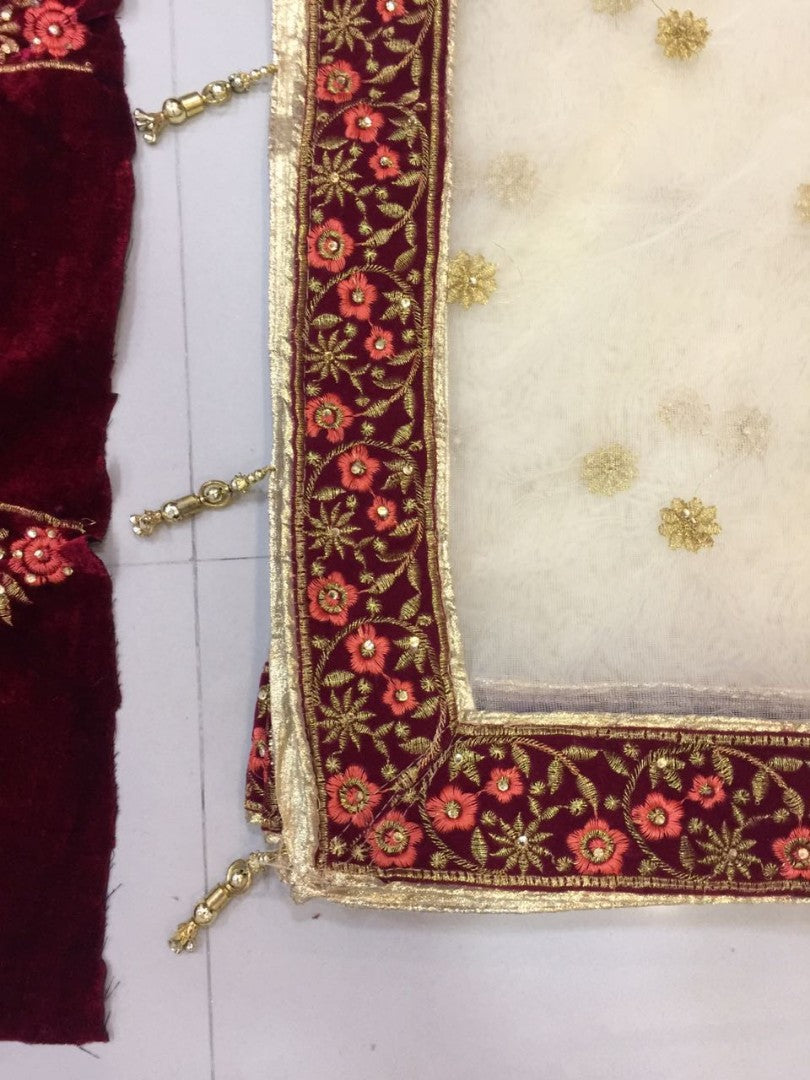 maroon velvet silk heavy embroidered bridal lehenga