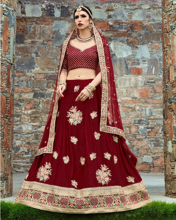 maroon velvet silk heavy embroidered bridal lehenga