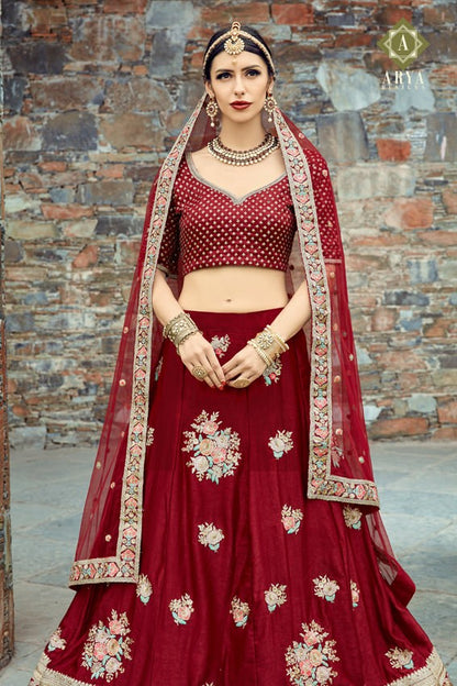 maroon velvet silk heavy embroidered bridal lehenga