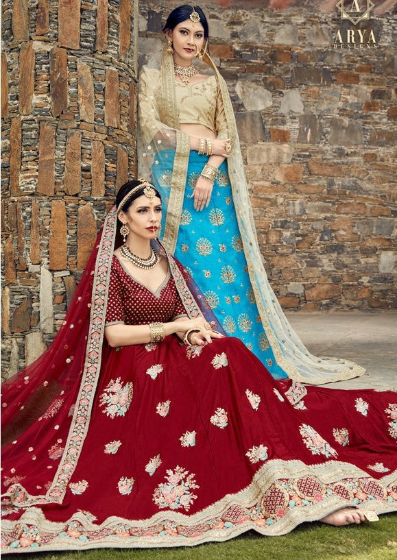 maroon velvet silk heavy embroidered bridal lehenga