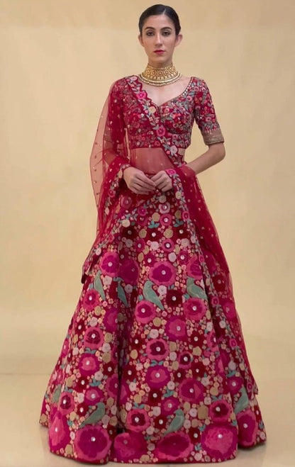 Maroon velvet tapeta heavy embroidered wedding lehenga choli