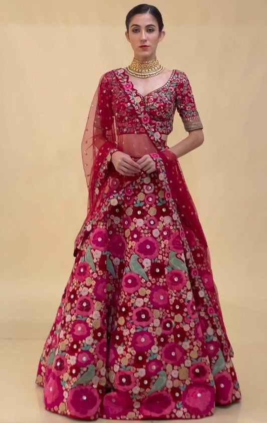 Maroon velvet tapeta heavy embroidered wedding lehenga choli