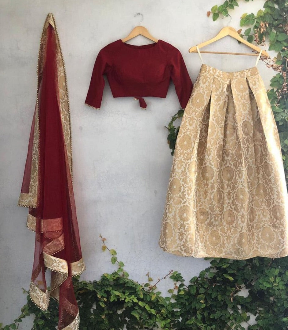 Maroon White banarasi silk jari weaving work lehenga choli