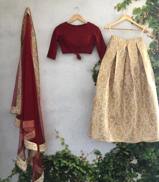 Maroon White banarasi silk jari weaving work lehenga choli