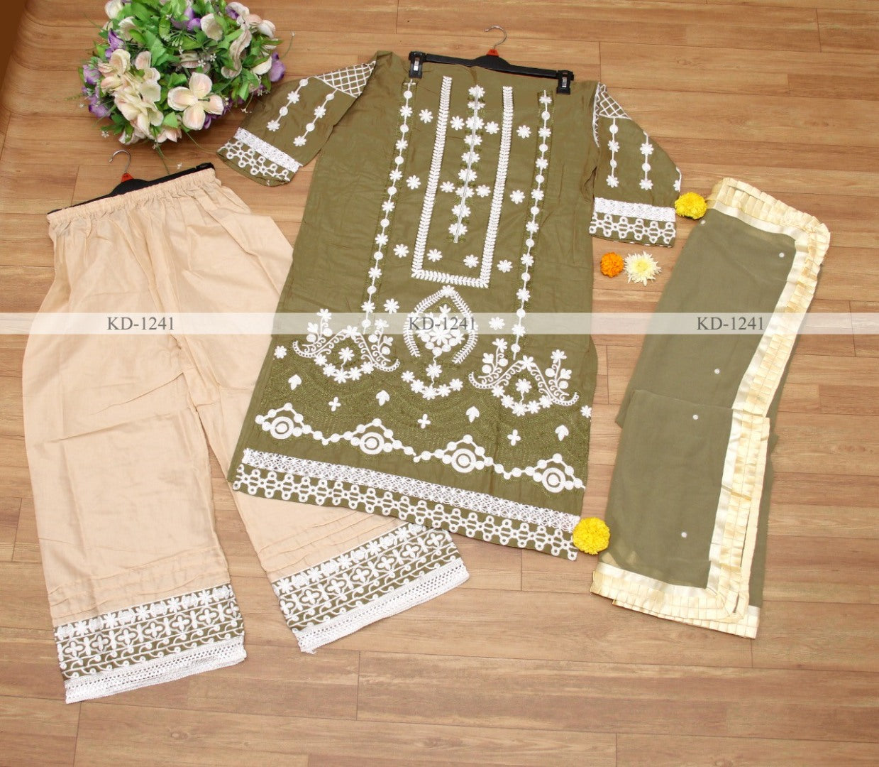 Mehendi green cotton plazzo suit