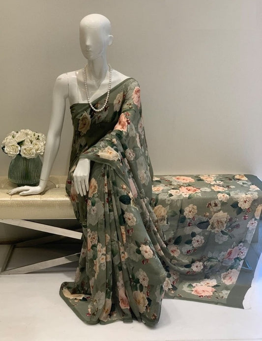 Mehendi green georgette floral printed saree