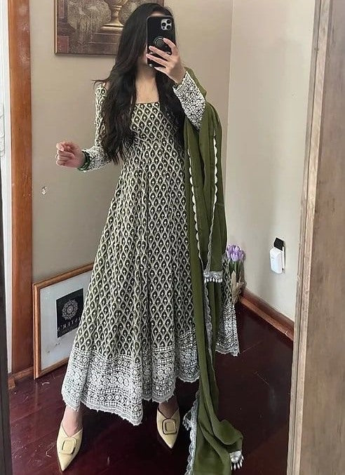 Mehendi green georgette heavy embroidered wedding anarkali suit