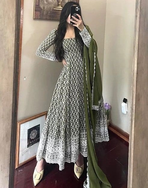 Mehendi green georgette heavy embroidered wedding anarkali suit
