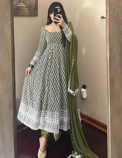 Mehendi green georgette heavy embroidered wedding anarkali suit