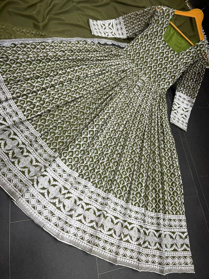 Mehendi green georgette heavy embroidered wedding anarkali suit