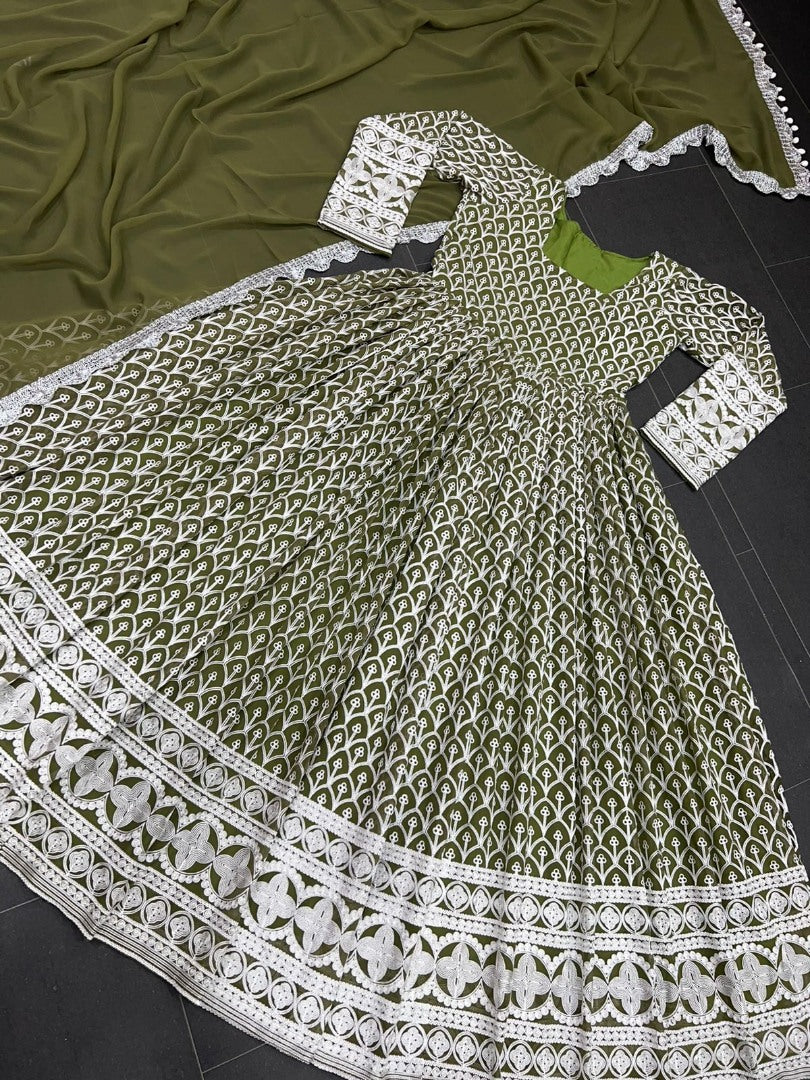 Mehendi green georgette heavy embroidered wedding anarkali suit