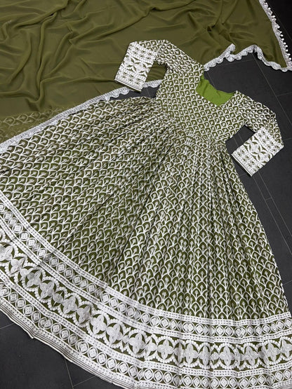 Mehendi green georgette heavy embroidered wedding anarkali suit