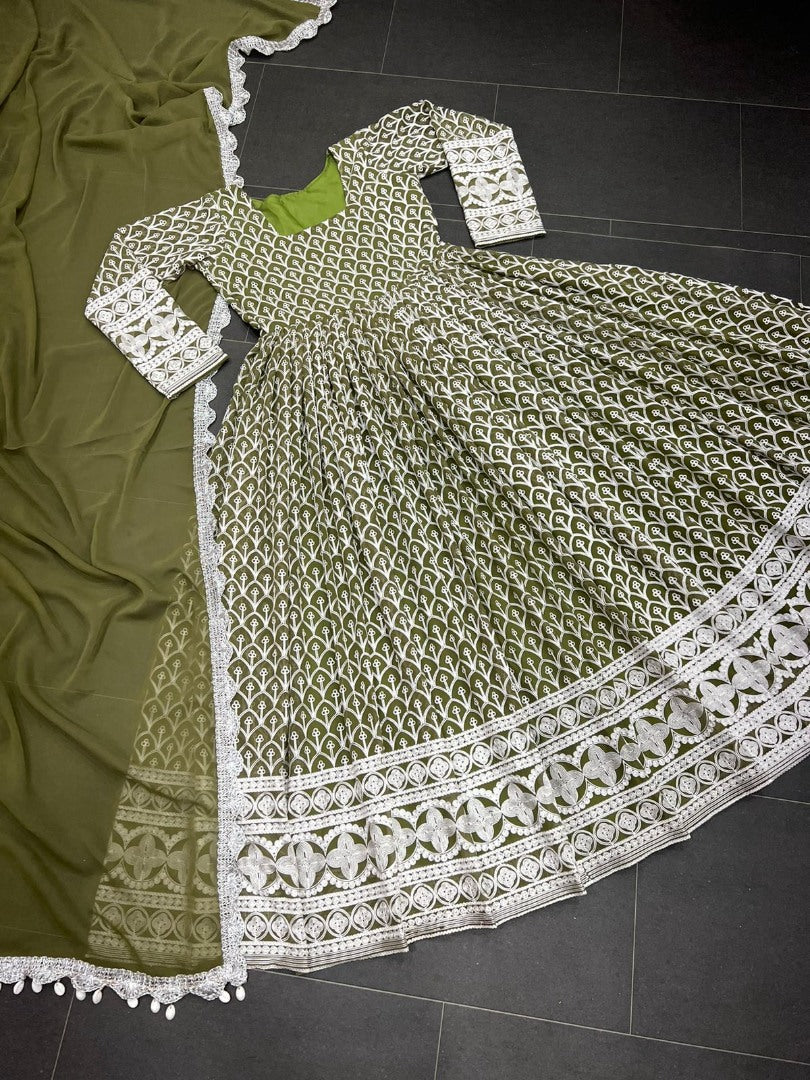 Mehendi green georgette heavy embroidered wedding anarkali suit