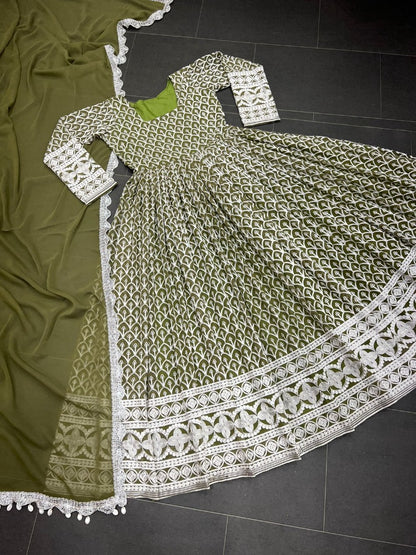 Mehendi green georgette heavy embroidered wedding anarkali suit