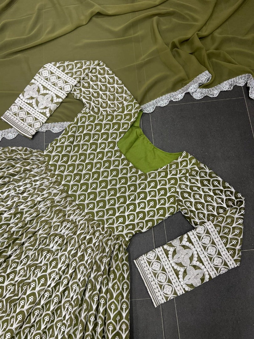 Mehendi green georgette heavy embroidered wedding anarkali suit